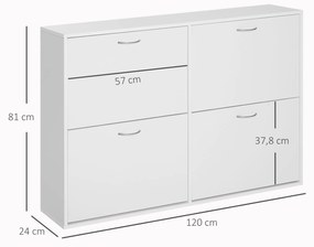 HOMCOM Móvel Sapateira Branca Sapateira Moderna com 4 Gavetas Abatíveis e Prateleiras Ajustáveis para 16-24 Pares de Sapatos para Corredor Entrada 120x24x81 cm Branco