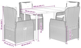 5 pcs conjunto de jantar p/ jardim c/ almofadões vime PE preto