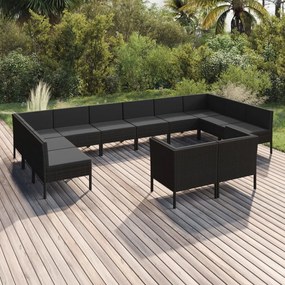 vidaXL 12 pcs conjunto lounge de jardim c/ almofadões vime PE preto