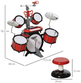 Kit de bateria infantil para crianças acima de 3 anos com tamborete microfone Pratos teclado e vários efeitos de DJ 77,5x40x76,5 cm Vermelho