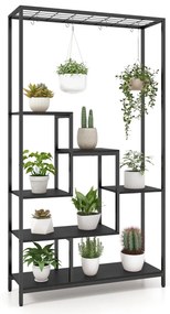 Suporte para plantas alto de 6 níveis 180 cm com 10 ganchos para pendurar e prateleira de arame Preto