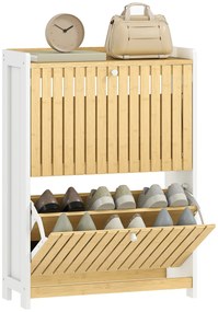HOMCOM Sapateira Estreita com 2 Portas de Bambu em Ripas Móvel Sapateira com Prateleiras Ajustáveis para 12 Pares de Sapatos 60x24x82,5 cm Branco e Madeira