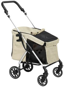PawHut Carrinho para Cães Dobrável com Correia de Segurança Almofada Lavável e Janelas 80x48,5x106 cm Cáqui