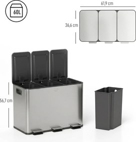 Caixote do lixo de cozinha, caixote do lixo para separação seletiva, 3 compartimentos de 20 L, baldes interiores removíveis, 61,9 x 36,6 x 56,7 cm, pr