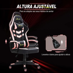 Cadeira Gaming com Altura Regulável Basculante Apoio de Cabeça e Almofada Lombar 61x70x121-129 cm Rosa e Preto