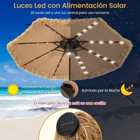 Guarda-sol LED Tiki tipo palha para jardim 270 cm com 32 luzes LED Luz central Painel solar 8 hastes Manivela manual e botão de pressão cor natural