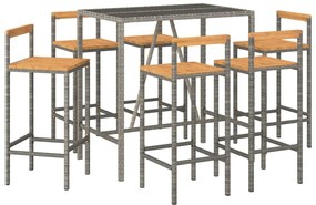 7 pcs conjunto de bar p/ jardim vime PE/acácia maciça cinzento