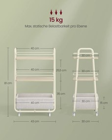 Carrinho cozinha com cesto de tecido 43 x 30 x 81 cm bege natural-branco creme