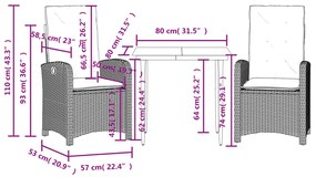 3 pcs conjunto de jantar p/ jardim c/ almofadões vime PE preto