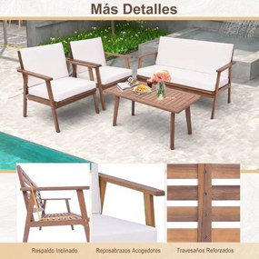 Conjunto de 4 peças: 2 cadeiras simples, 1 sofá de dois lugares e 1 mesa de centro com braços e assento acolchoado branco