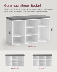 Banco spateira com almofadas e 9 compartimentos 30,3 x 78,5 x 48 cm Cinzento-branco