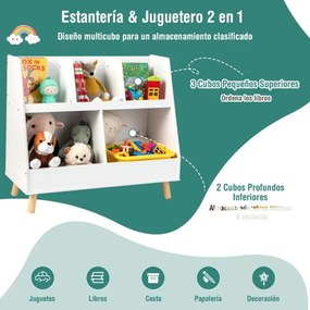 Organizador de brinquedos de 5 compartimentos para crianças Baú de 2 níveis com pernas de madeira Kits anti-queda Estante aberta para crianças Branco
