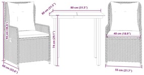 3 pcs conjunto de jantar p/ jardim com almofadões vime PE bege