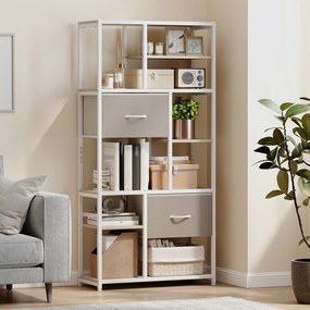 Estante de arrumação com 6 níveis 72,5 x 30 x 150 cm, estante com 2 gavetas em tecido, 9 prateleiras abertas, cor carvalho, branco, cáqui claro, bege