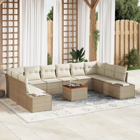 Conjunto de Sofá de Jardim de 11 peças com Almofadas Bege Rattan Polié
