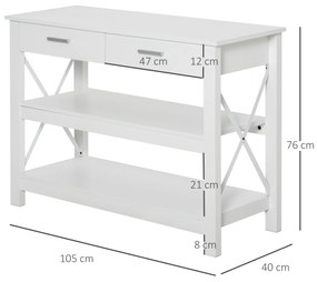 Mesa de console de estilo moderno com 2 gavetas e prateleiras inferiores 105x40x76 cm Branco