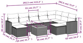10 pcs conjunto sofás de jardim c/ almofadões vime PE cinzento