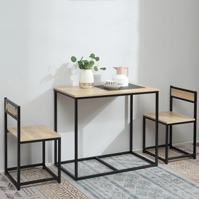Conjunto de mesa e cadeiras de sala de jantar - Conjunto de 1 mesa + 2 cadeiras encaixáveis para cozinha - metal preto com acabamento em carvalho clar