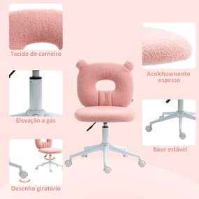 Cadeira de Secretária de Carneirinho Cadeira Infantil Giratória com Encosto em Forma de Urso 50x56x80-90 cm Rosa