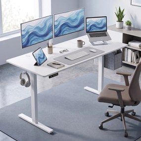 Secretária Elevatória com Memória, Mesa Regulável em Altura com 2 Passa-cabos e Ecrã LED, Branco