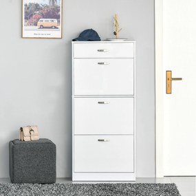 Sapateira com 3 portas basculantes e gaveta deslizante - 62 x 24 x 135 cm - puxadores em alumínio. Painéis em aglomerado branco