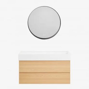 Conjunto De Móvel De Casa De Banho Em Madeira E Chapa De Freixo Com Lavatório Integrado Ona Madeira Natural & Redondo Led - Sklum