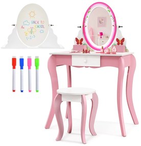 Toucador e banco infantil com espelho giratório 360°, gavetas para quadro branco branco e rosa