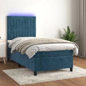 Cama box spring c/ colchão/LED 90x200 cm veludo azul-escuro