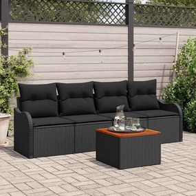 Conjunto Sofá de Jardim 5 Peças com Almofadas de Rattan Preto e Madeir