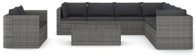 10 pcs conjunto lounge de jardim c/ almofadões vime PE cinzento
