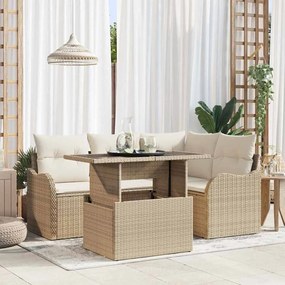 Conjunto de Sofá de Jardim vidaXL de 5 Peças com Almofadas Bege de Rattan Poliéster