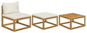 vidaXL 3 pcs conjunto lounge jardim c/ almofadões cor creme acácia