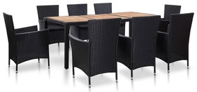 9 pcs conjunto jantar exterior com almofadões vime PE preto