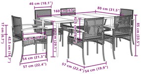 7 pcs conjunto de jantar p/ jardim c/ almofadões vime PE cinza
