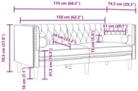 Sofá chesterfield com rolos 2 lugares veludo cinzento-claro