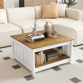 Mesa de centro de madeira 80 x 80 x 45 cm com 2 níveis, mesa quadrada para sala de estar em estilo rústico com espaço de arrumação. Natural e branco