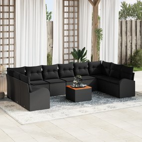 Conjunto de Sofás Jardim 11 Peças com Almofadas Preto Rattan Poliéster