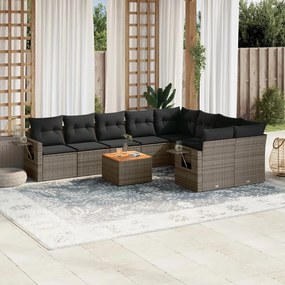 10 pcs conjunto sofás de jardim c/ almofadões vime PE cinzento