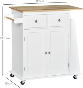 Carrinho de cozinha com ilha, bancada, prateleira para garrafas, suporte para panos de cozinha, 2 gavetas e armário de 2 portas em MDF branco