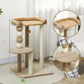 Arranhador para Gatos Arranhador para Gatos com Estofado em Borrego Plataformas Bola Suspensa e Poste de Juta 56x54x86 cm Castanho