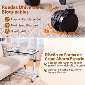 Mesa Auxiliar em Forma de C para Sofá e Cama, 80,5 x 40,5 x 73-94 cm, Altura Ajustável em 9 Níveis, Branco