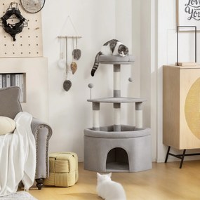Arranhador para gatos com torre de brincadeiras, arranhadores de sisal, plataforma, compartimentos abertos, tecido felpudo, bolas, 49x49x114 cm, cinze