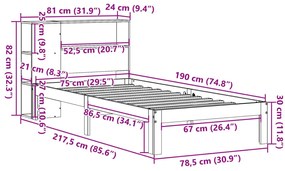 Cama com estante sem colchão 75x190cm pinho maciço castanho-mel