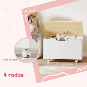 Baú de Brinquedos com Rodas com Tampa Abatível e Dobradiça de Segurança Desenho de Nuvem  59x30x53 cm Branco e Madeira