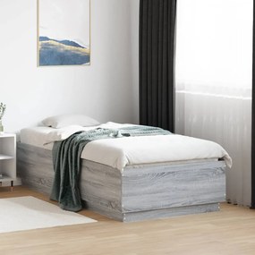 Estrutura de cama c/ luzes LED derivados madeira cinza sonoma
