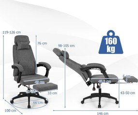 Cadeira de escritório reclinável em chenille com apoios de braços acolchoados, apoio para os pés retrátil e almofadas lombares e cervicais, cor cinza