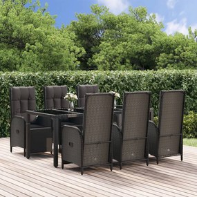 vidaXL 7 pcs conjunto de jantar p/ jardim c/ almofadões vime PE preto