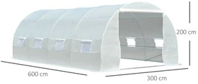 Estufa de jardim Tipo de túnel com 8 janelas e tampa de polietileno 600x300x200 cm Branco
