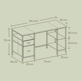 Secretaria com 3 prateleiras e 2 gavetas, 60 x 140 x 76 cm (T x B x H) castanho vintage-preto