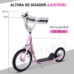 HOMCOM Trotinete para Crianças acima de 5 anos Scooter de 2 Rodas Grandes com Duplo Freio e Guidão Ajustável em Altura Adolecentes Adultos 125x58x92-100cm Rosa